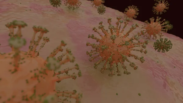 Bir grup virüs hücresi, Coronavirus 2019 salgını (covid19), Wuhan - Çin virüsü enfeksiyonu karanlık arka plan, kendini karantina, koronavirüs salgını konsepti, 3 boyutlu illüstrasyon. Boşluk afişini kopyala.