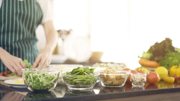 Salata için hammadde olan çeşitli taze sebzeler. Mutlu aile kavramı, modern mutfak..