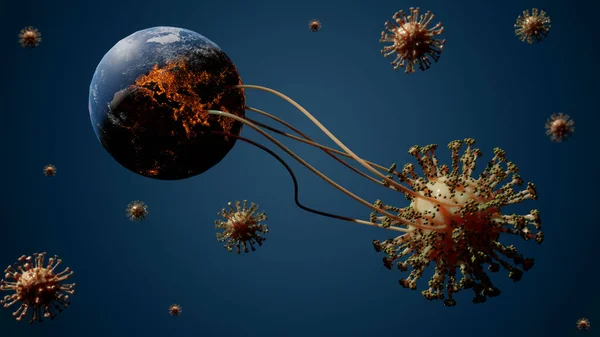 Coronavirus (covid19) uzaydan dünya, virüs dünyayı yok ediyor, Ncov dünyayı ziyaret ediyor covid19 yayılan konsept, Coronavirus 'un uzaydan dünya görüntüsü, 3D illüstrasyon, 3D.