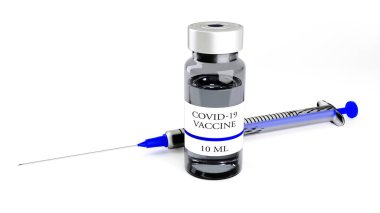 Aşı ve şırınga enjeksiyonu. Coronavirus enfeksiyonuna karşı bağışıklık ve tedavi (2019, COVID-19, nCoV 2019) Tıp bulaşıcı konsept 3D Rendering.