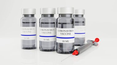 Aşı ve şırınga enjeksiyonu. Coronavirus enfeksiyonuna karşı bağışıklık ve tedavi (2019, COVID-19, nCoV 2019) Tıp bulaşıcı konsept 3D Rendering.