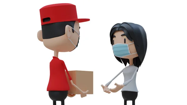 Üç boyutlu bir kadın karakteri akıllı telefon ekranından teslimat servisi kuryesinden paket alıyor. Teslimat ve uygulama sonrası konsepti. Beyaz arkaplanda 3d görüntüleme.