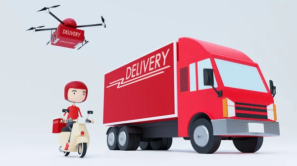 Çevrimiçi dağıtım hizmeti konsepti, çevrimiçi sipariş takibi, eve ve ofise teslimat. Depo, kamyon, drone, scooter kurye, teslimatçı. 3d oluşturma.