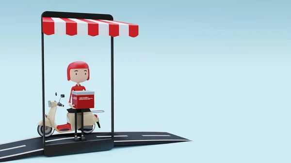 Mobiletle hızlı teslimat paketi. E-ticaret paketini uygulamayla sipariş et. Üç boyutlu bir kavram. 3d oluşturma.