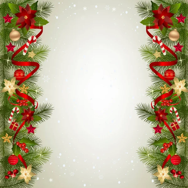 Χριστουγεννιάτικο φόντο με έλατα υποκατάστημα σύνορα και διακόσμηση — Διανυσματικό Αρχείο