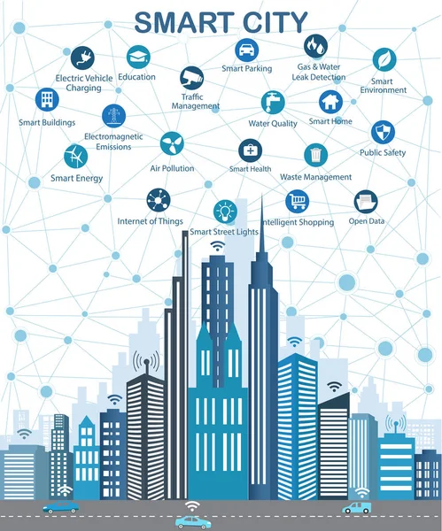 Rede de comunicação Smart City e Wireless Gráficos Vetores