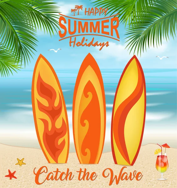 Tablas de surf en playa tropical con palmeras — Vector de stock