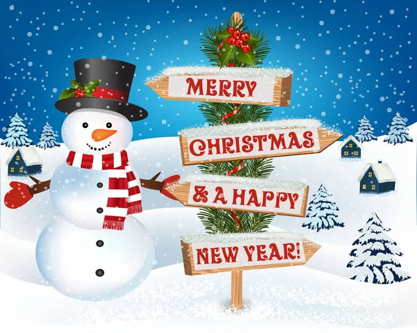 圣诞节背景与雪人和木标志 — 图库矢量图片