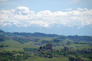 Arka planda üzüm bağları ve Alp dağları olan Langhe tepelerinin manzarası, Piedmont - İtalya