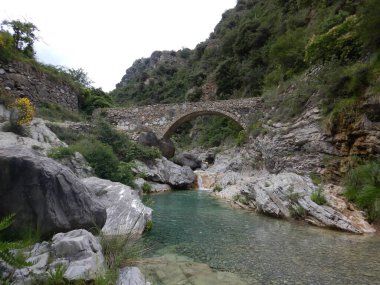 Rio Barbaira deresi yakınlarındaki Nervia Vadisi 'ndeki taş köprü, Rocchetta Nervina, Liguria - İtalya