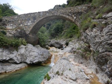 Rio Barbaira deresi yakınlarındaki Nervia Vadisi 'ndeki taş köprü, Rocchetta Nervina, Liguria - İtalya