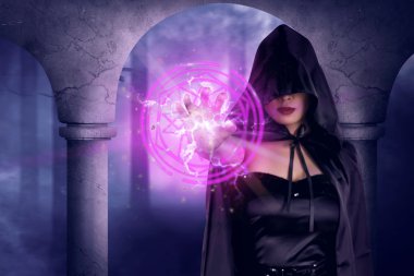 Asya cadı kadın gösteren pentagram 