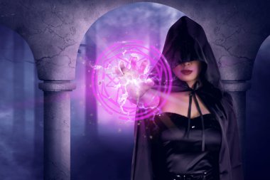 Asian witch woman showing pentagram  clipart