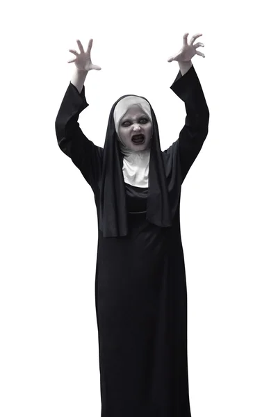 Angsteinflößend asiatisch nonne heben nach oben hand wollen bis erschrecken — Stockfoto