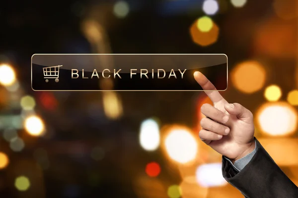 Mann berührt Black Friday Schild mit der Hand — Stockfoto