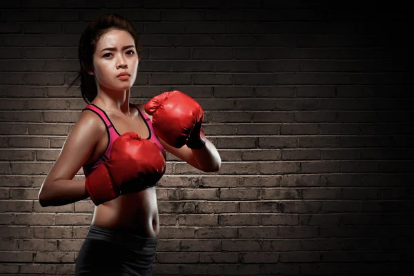 Attractive asian female boxer at training