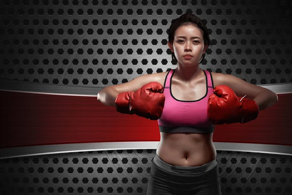 Genç Asyalı boksör kadın kırmızı eldivenli — Stok fotoğraf