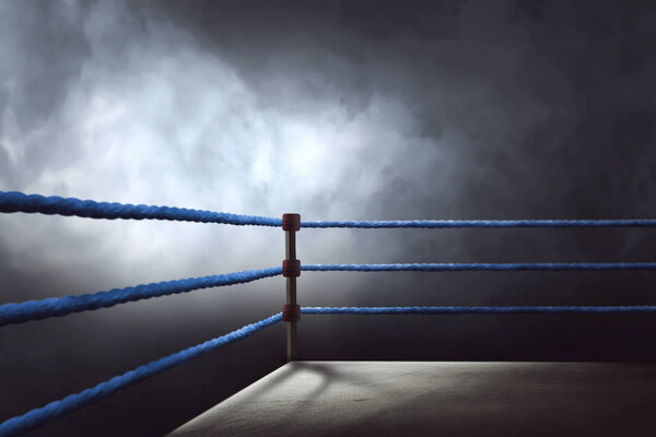 View of a regular boxing ring surrounded by blue ropes