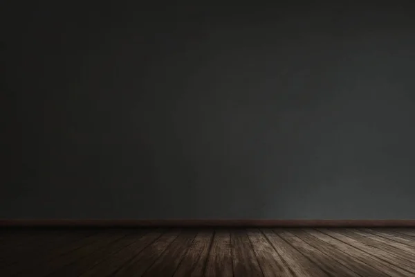 Black wall with grunge wooden plank floor — Stock Photo, Image