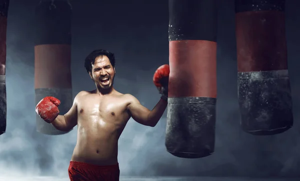 Krachtige Aziatische mannelijke bokser doen oefeningen — Stockfoto