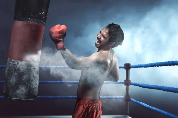 Kum torbası ile pratik Asya adam boksör — Stok fotoğraf