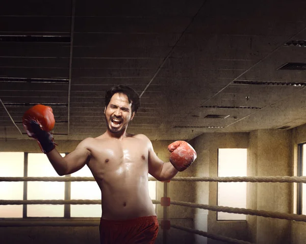 Atleta macho asiático boxeador haciendo uppercuts en entrenamiento — Foto de Stock