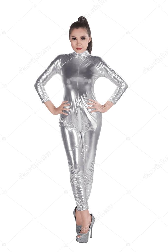 Asian woman wearing silver latex suit