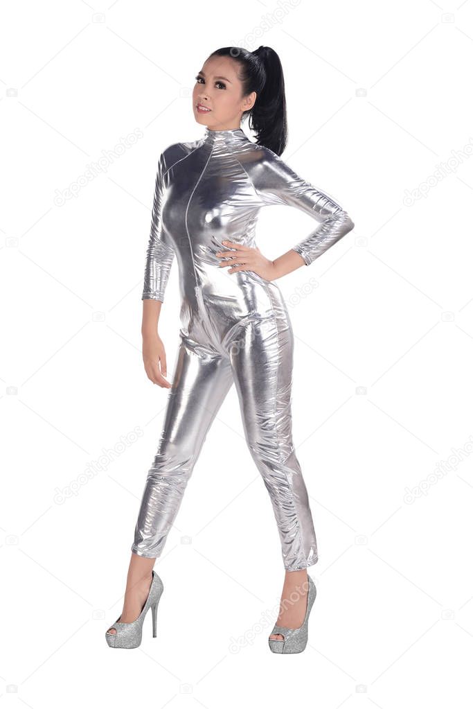 asian woman wearing latex jumpsuit