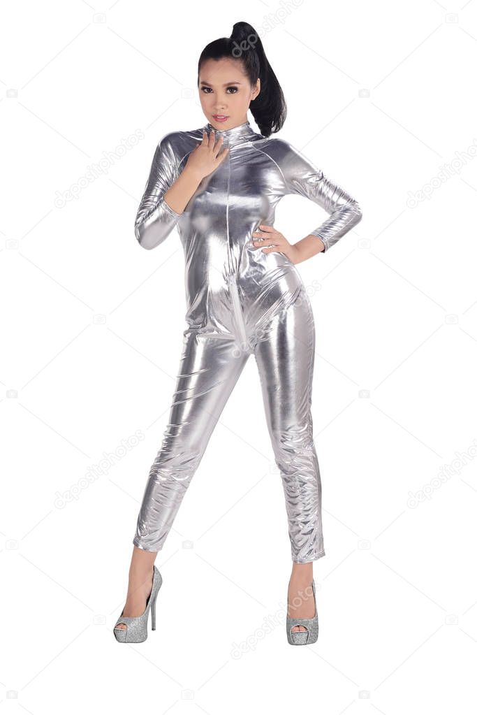asian woman wearing latex jumpsuit