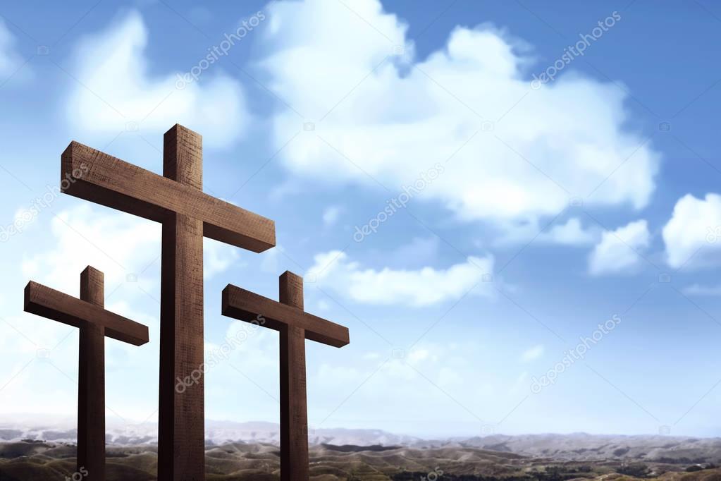 Christian crosses over blue sky 