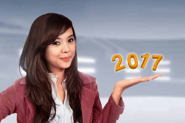 Asian businesswoman holding 2017 — Stock Photo, Image