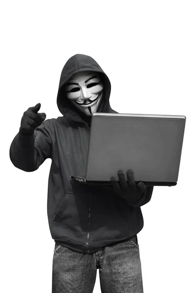 Hacker holding laptop — Stock Photo, Image