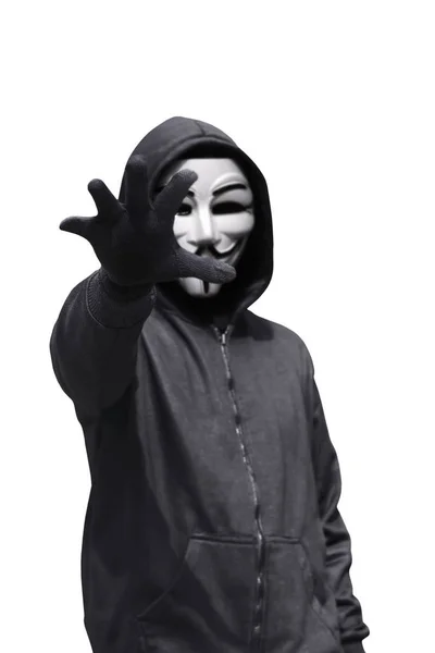 Hacker in mask and gloves — Stock Photo, Image