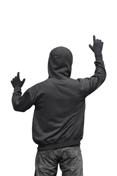 Hacker mit Kapuze in Handschuhen — Stockfoto