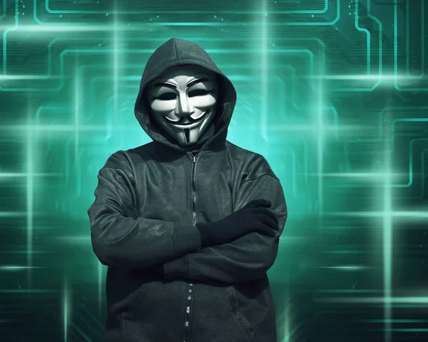 Hacker v masku a rukavice — Stock fotografie