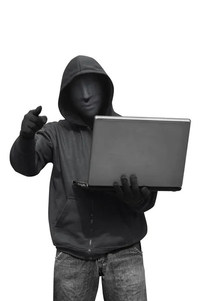 Hacker in possesso di laptop — Foto Stock