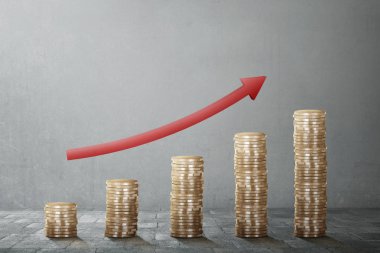 Madeni para yığını ile kırmızı ok grafik yükselişi