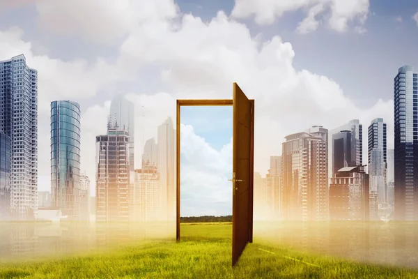 Porta de madeira aberta para o novo mundo com prado verde — Fotografia de Stock