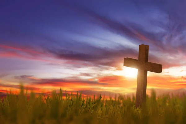 Cruz de madeira na grama verde com pôr do sol — Fotografia de Stock