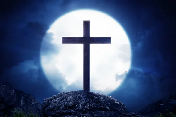 Wooden crosses standing on rock hill with moonlight — Stock Photo, Image