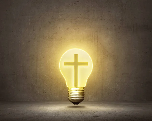Christliches Kreuz in heller Glühbirne — Stockfoto