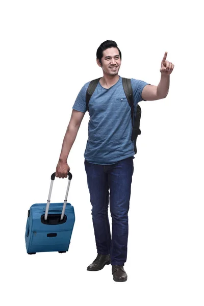 여행자 가방 가리키는 — 스톡 사진
