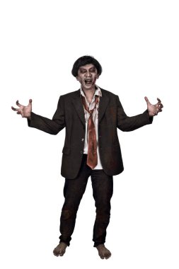 Asya zombi adam bir takım elbise ayakta portresi 