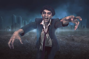 Yaralı yüz takım elbise ile Asya zombi adam portresi