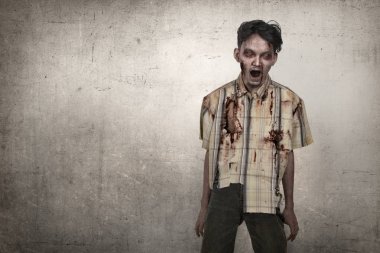 Scary asian zombie man in a clothes standing clipart