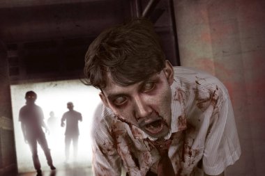 Kırmızı gözlü ürkütücü Asya zombi kalabalık 