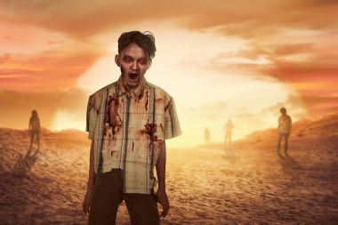 Kalabalık agresif Asya zombi kanlı yüzü