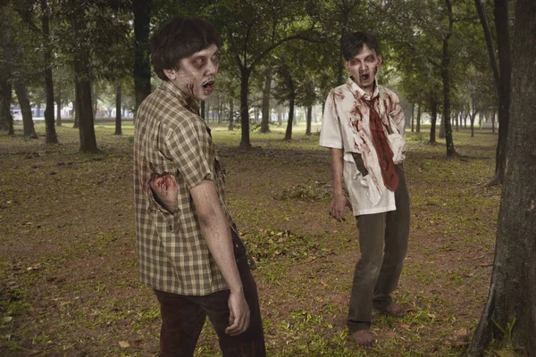 Агрессивные два азиатских зомби мужчина стоит — стоковое фото