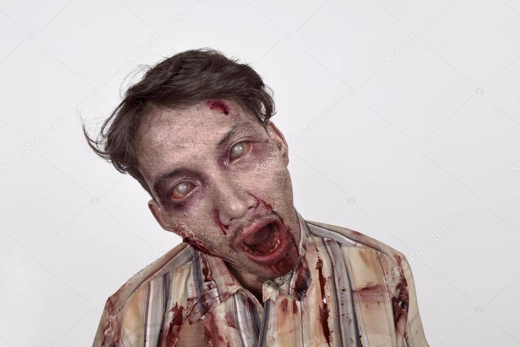 Creepy asian zombie man with wounded face 