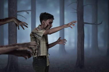 Kalabalık bir Asya zombi adam kirli ellerle yürüyüş